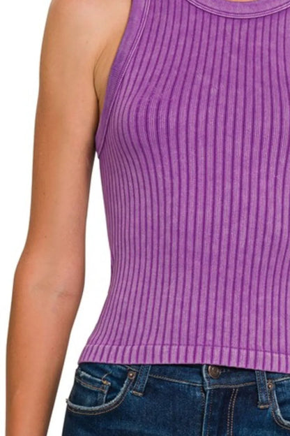 Violet Zenana ribbed washed seamless tank top by Trendsi, form-fitting sleeveless shirt with ribbed texture and smooth finish.
