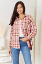 Watermelon pink plaid long sleeve button-up shirt with collar from Trendsi, featuring a stylish double take design.