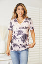 Watermelon pink Double Take Tie-Dye V-Neck T-Shirt by Trendsi, featuring vibrant tie-dye pattern and comfortable V-neck design.