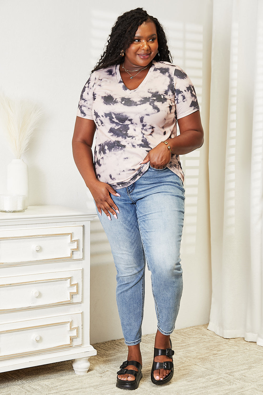 Watermelon pink double take tie-dye V-neck T-shirt from Trendsi, casual fit with vibrant color and unique tie-dye pattern.