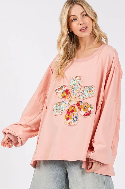 Watermelon pink oversized top with sage and fig flower patch details, dropped shoulder design, by Trendsi.