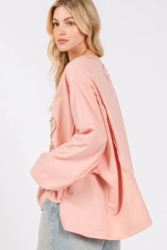 Watermelon pink oversized top with sage and fig flower patch details, dropped shoulder design, casual fit from Trendsi