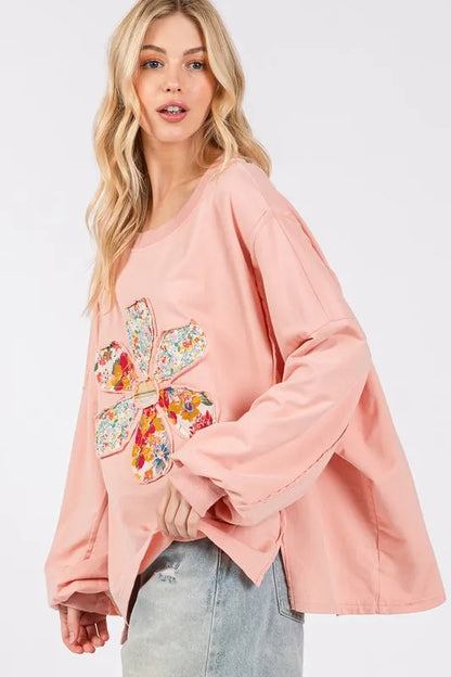 Watermelon pink oversized top with sage and fig floral patches, dropped shoulder design, casual style, by Trendsi