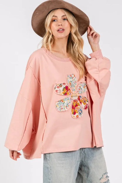 Watermelon pink oversized top with sage and fig flower patch details, featuring a dropped shoulder design from Trendsi.