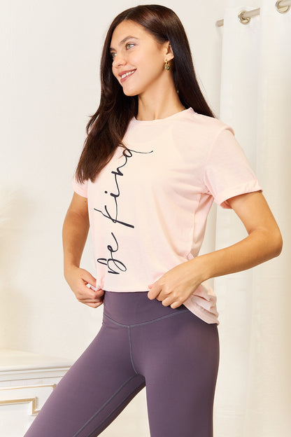 Pink Simply Love BE KIND graphic round neck T-shirt by Trendsi featuring a watermelon design and positive message.