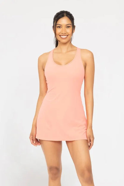 Watermelon pink MONO B Twist Racerback Fit-and-Flare Dress with sleeveless design and fitted waist, displayed on a mannequin.