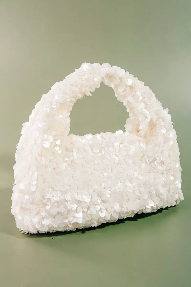 Shiny Fame full sequin hand bag by Trendsi with a structured design and wrist strap, perfect for evening occasions.