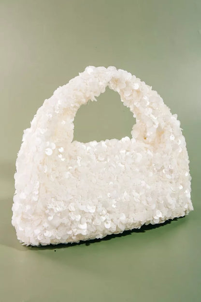 Shiny Fame full sequin hand bag by Trendsi with a structured design and wrist strap, perfect for evening occasions.