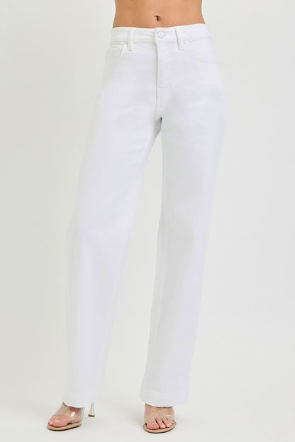 Plus size white RISEN high-rise wide baggy pants by Trendsi, featuring a relaxed fit and full-length style.
