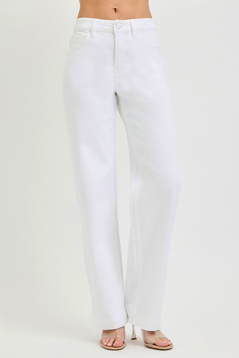 White RISEN high-rise wide baggy plus size pants from Trendsi, featuring a relaxed fit and full-length design.