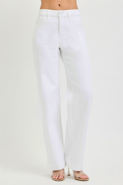 White RISEN high-rise wide baggy plus size pants from Trendsi, featuring a relaxed fit and full-length design.
