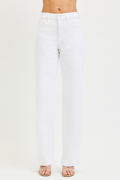 White RISEN full size high-rise wide baggy pants by Trendsi, plus size, with a relaxed fit and comfortable style.