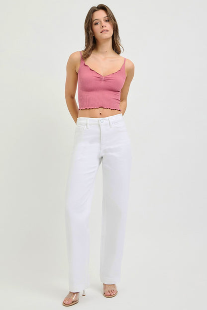 White Risen high-rise wide baggy pants by Trendsi, plus size, with a relaxed fit and comfortable, loose silhouette.