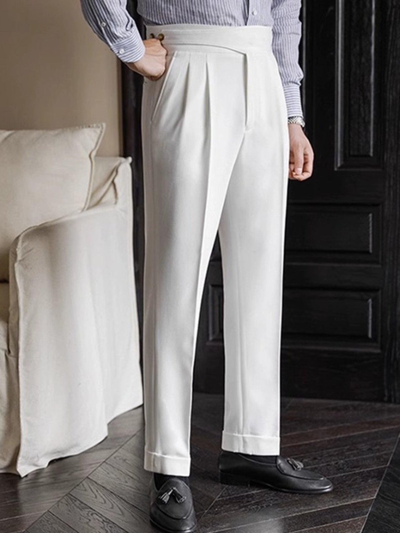 White men's pleated wide-leg dress pants from Trendsi, tailored fit with front pleats and a comfortable waistband.