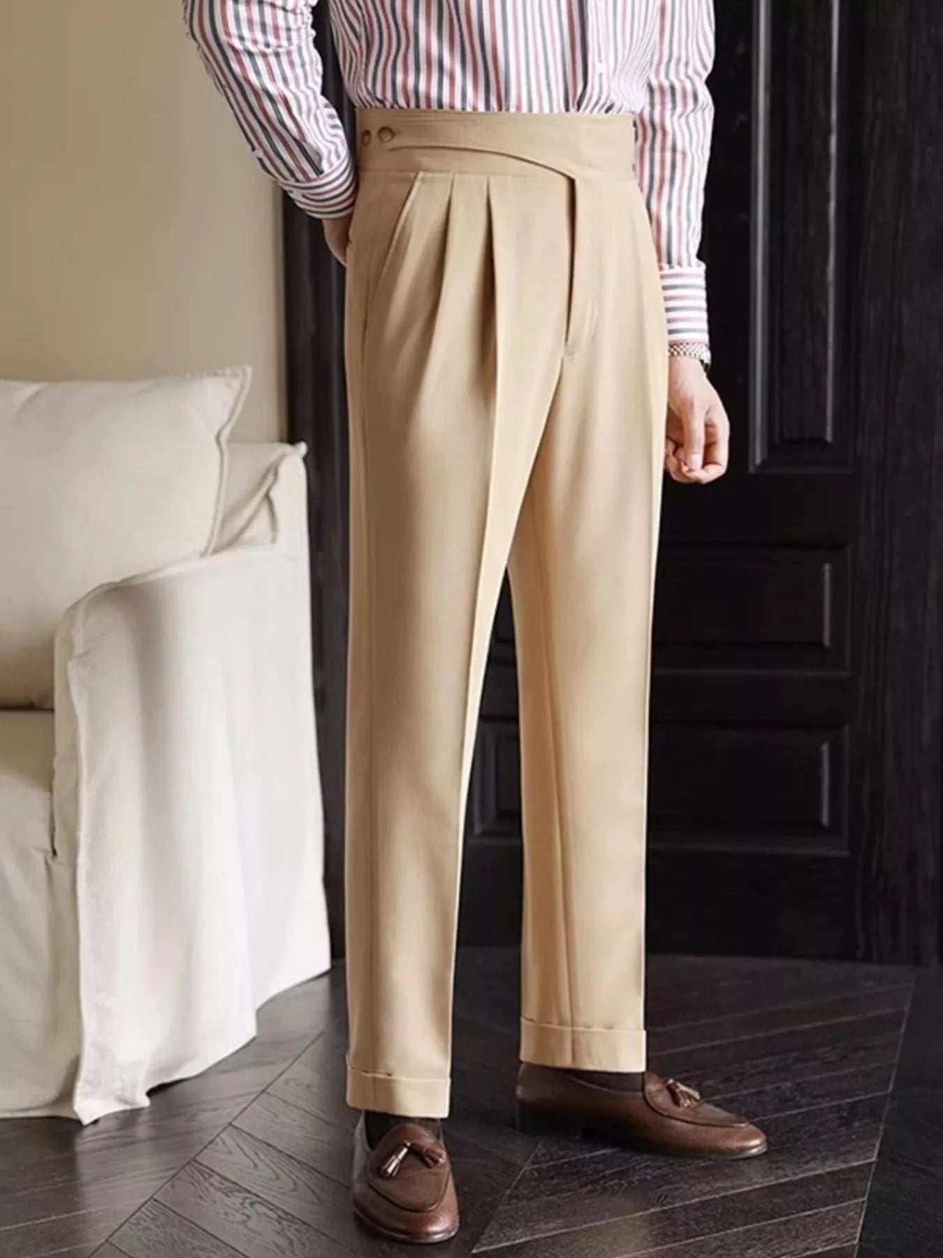 White men's pleated wide-leg dress pants by Trendsi, featuring a tailored fit and classic style, shown on a flat lay.