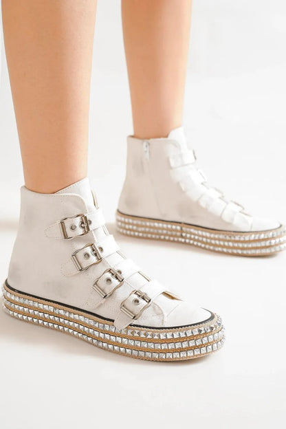 White Beast Fashion platform sneakers with multiple buckle straps and studded details, designed by Trendsi.