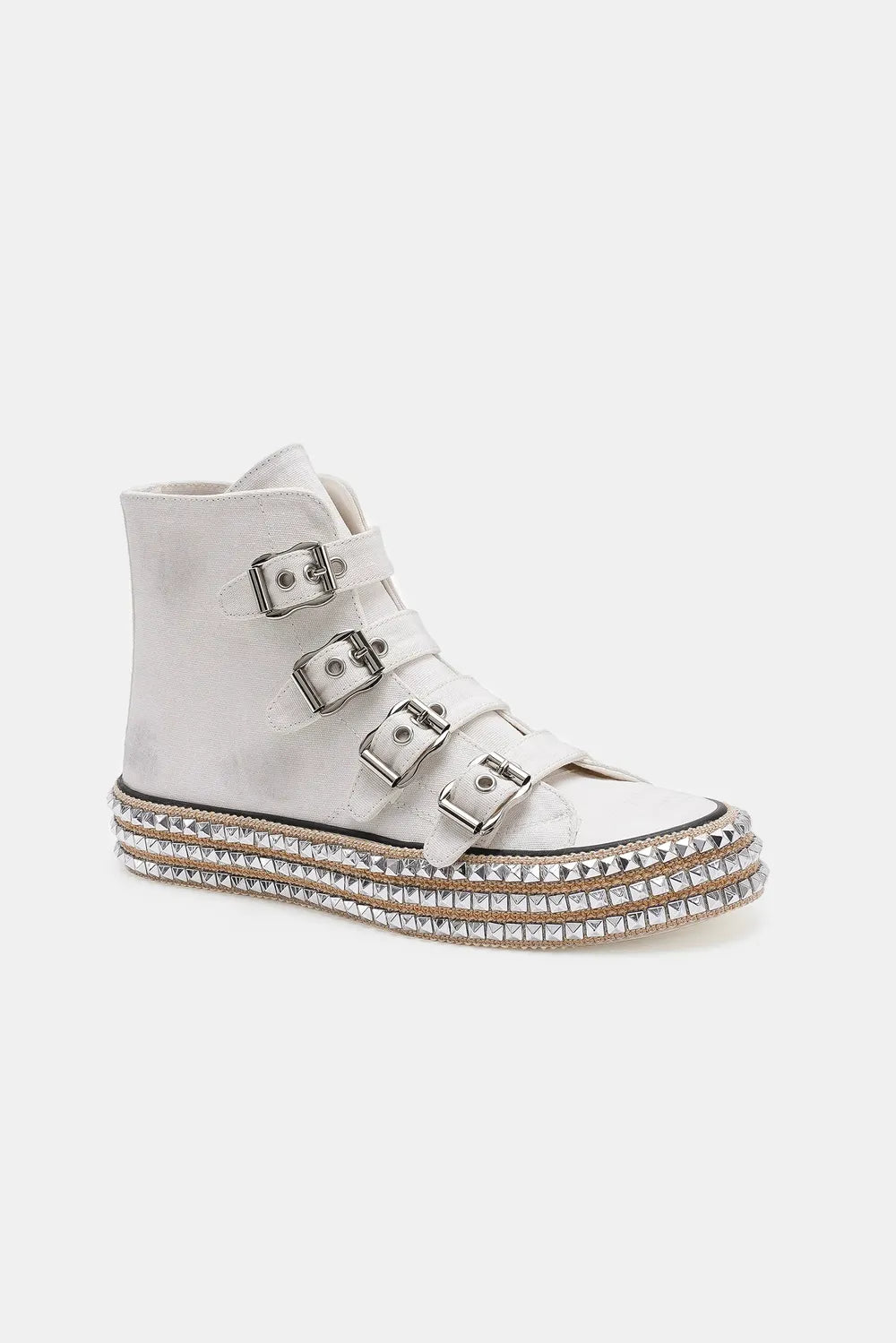 White Beast Fashion platform sneakers with multiple buckle straps and studded details, trendy and bold footwear by Trendsi
