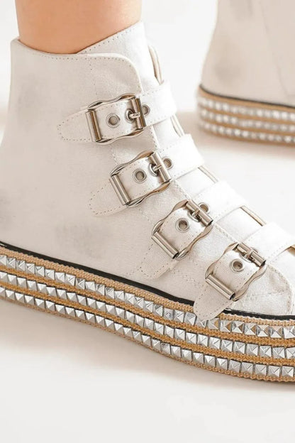 White Beast Fashion platform sneakers with multi-buckle straps and studded details, trendy and stylish footwear by Trendsi.