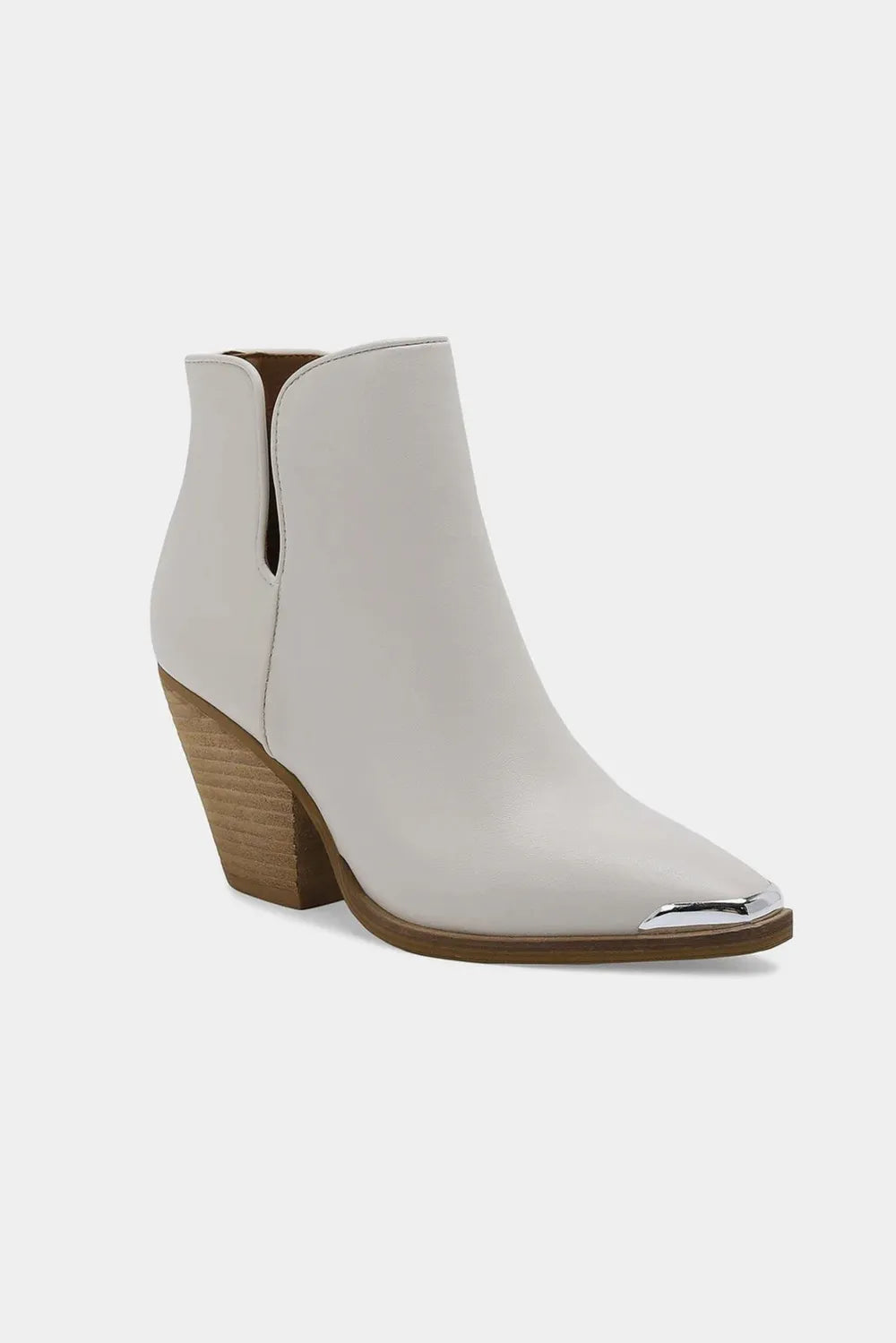 White Trendsi Beast Fashion pointed metal-tip toe block heel ankle boots, featuring sleek design and sturdy heel for stylish wear.