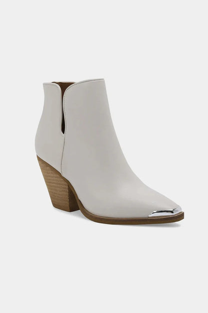 White Trendsi Beast Fashion pointed metal-tip toe block heel ankle boots, featuring sleek design and sturdy heel for stylish wear.