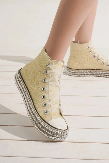 White Beast Fashion glitter lace-up studded platform sneakers with chunky soles and metallic accents, stylish and trendy for casual wear.