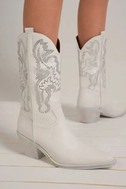 White Beast Fashion point toe boots with rhinestone details and sleek design, perfect for stylish footwear.