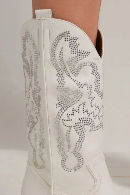 White Beast Fashion rhinestone detail point toe boots with sleek design and stylish embellishments, perfect for trendy outfits.