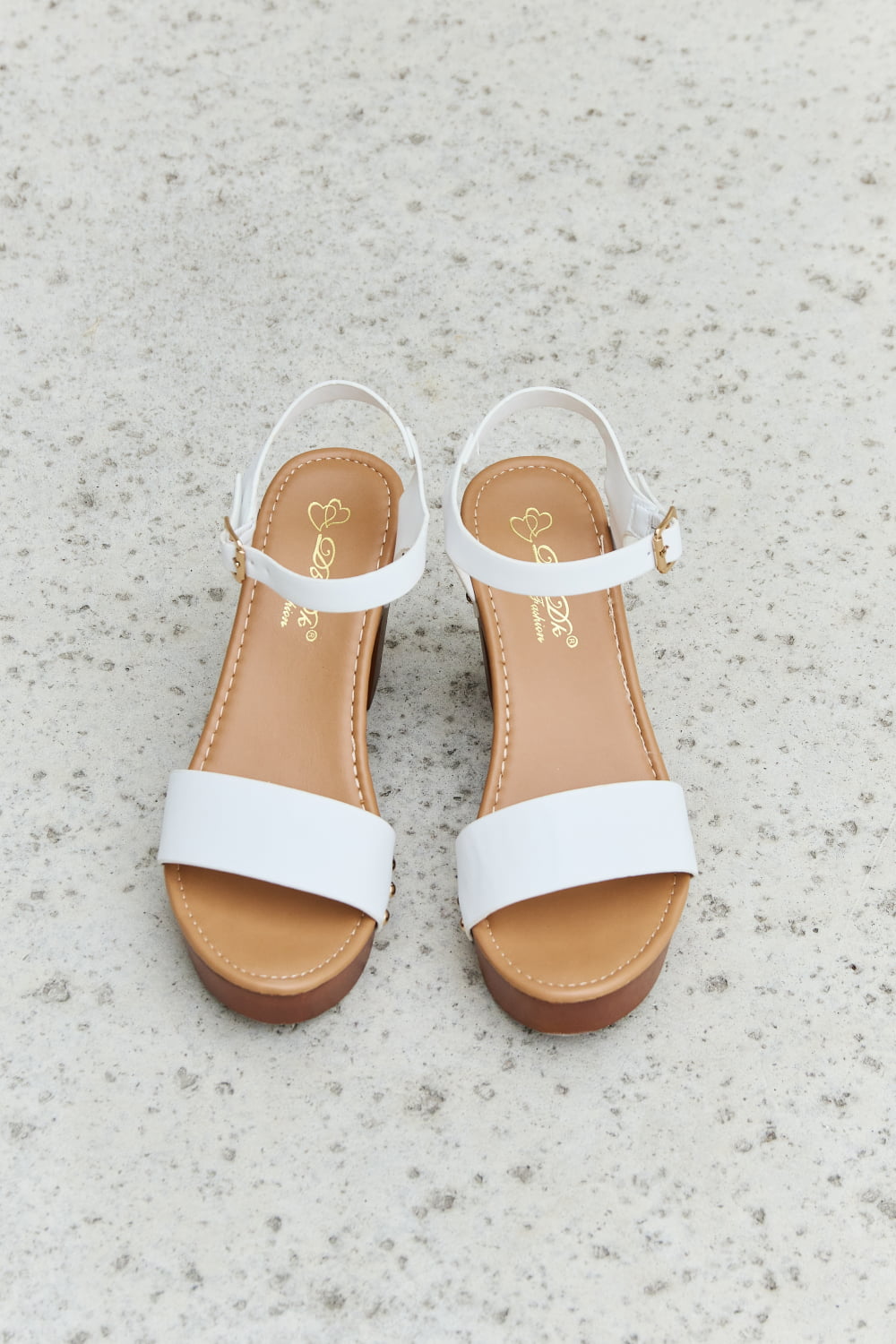 White DDK Time After Time wooden platform strap heels with ankle straps and chunky heels, stylish and comfortable for everyday wear.