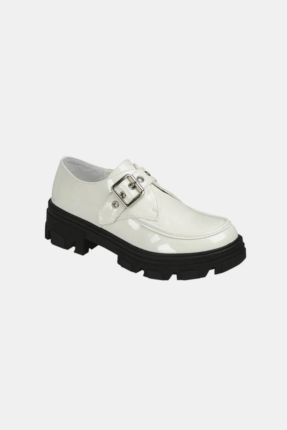 White Forever Link buckled platform loafers with lug soles, stylish slip-on shoes from Trendsi, featuring a sleek design and buckle accents.