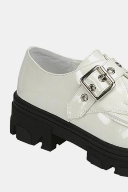 White Forever Link Buckled Platform Lug Sole Loafers by Trendsi, showing the stylish loafer with buckle detail and chunky lug sole.