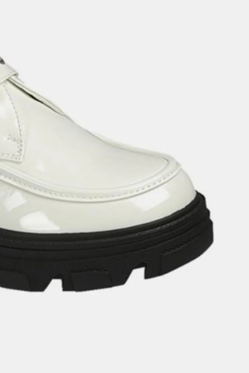 White Forever Link Buckled Platform Lug Sole Loafers by Trendsi, featuring a sleek design with buckle accents and chunky lug soles.