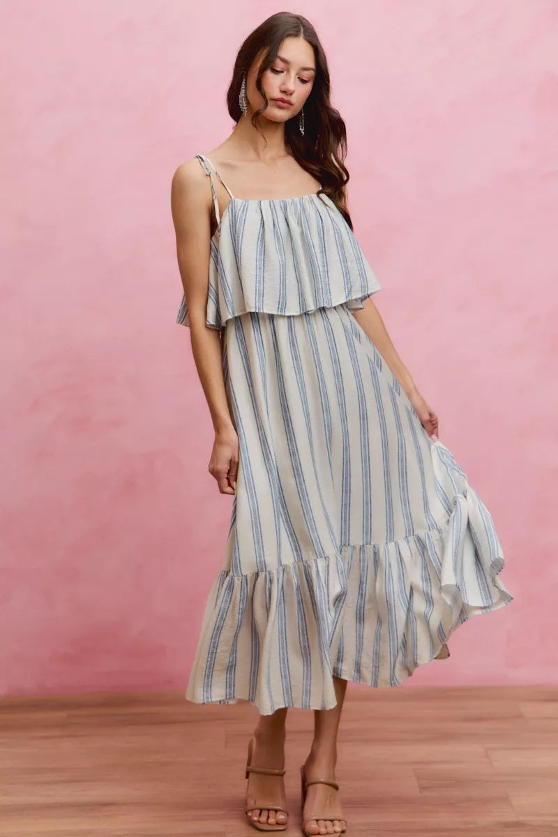 White and blue stripe SO ME tiered midi dress with shoulder tie detail, lined, from Trendsi.