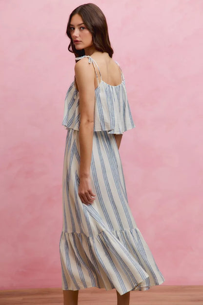 White and blue stripe SO ME tiered shoulder tie midi dress with lining, featuring a stylish layered design and feminine silhouette.