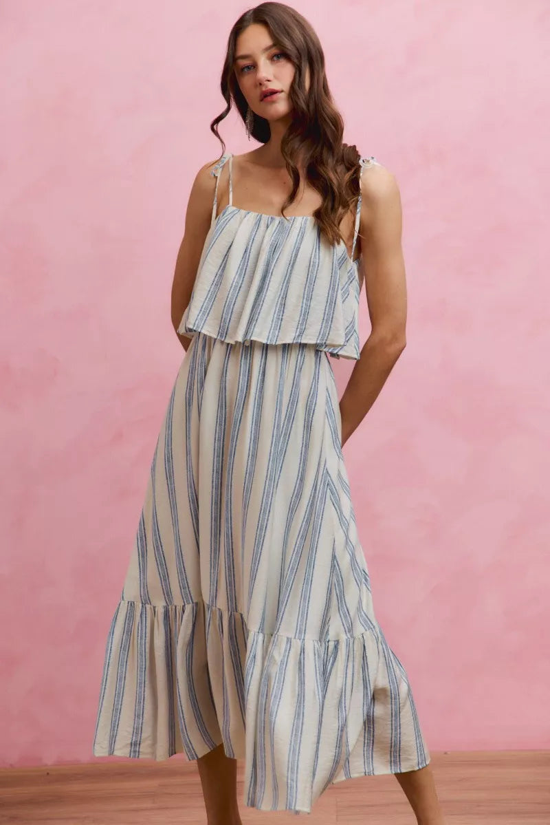 White and blue stripe SO ME tiered shoulder tie midi dress by Trendsi, featuring a lined design and stylish tiered silhouette.
