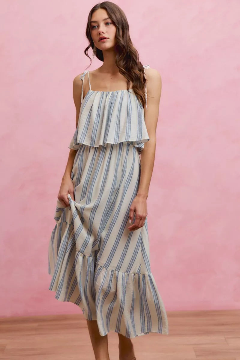 White and blue stripe SO ME tiered shoulder tie midi dress with lining, featuring a stylish, feminine design by Trendsi.