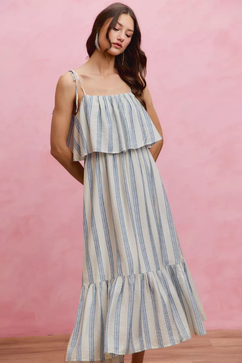 White and blue stripe SO ME tiered shoulder tie midi dress with lining, featuring a stylish tiered design and shoulder straps.