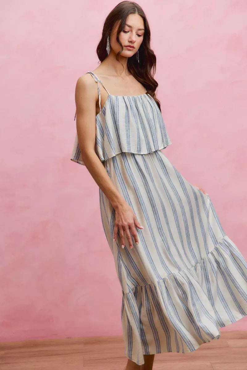 White and blue stripe SO ME tiered shoulder tie midi dress with lining, featuring a stylish, feminine design by Trendsi.