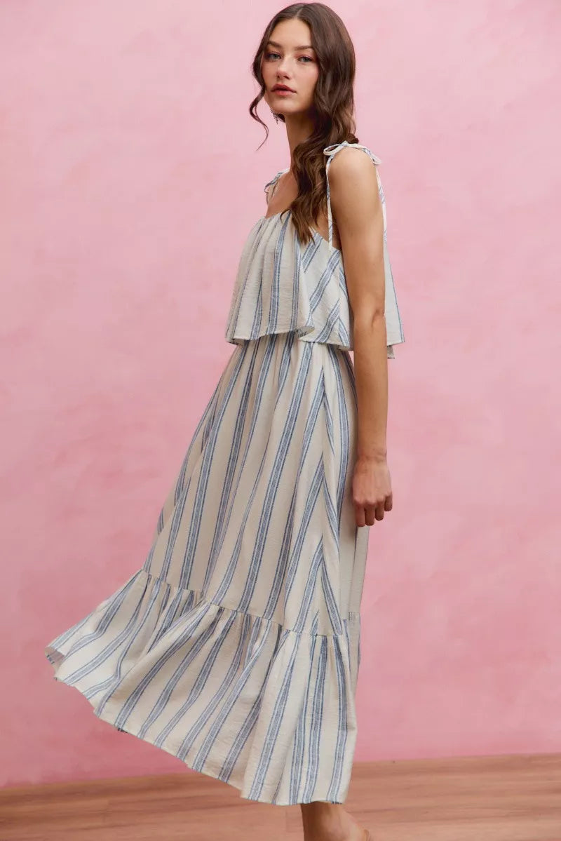 White and blue stripe SO ME tiered midi dress with shoulder tie detail and lining, by Trendsi.