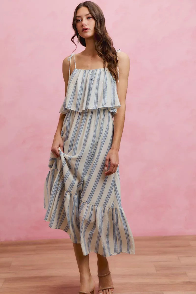 White and blue stripe SO ME tiered shoulder tie midi dress with lining, stylish and flowy from Trendsi.