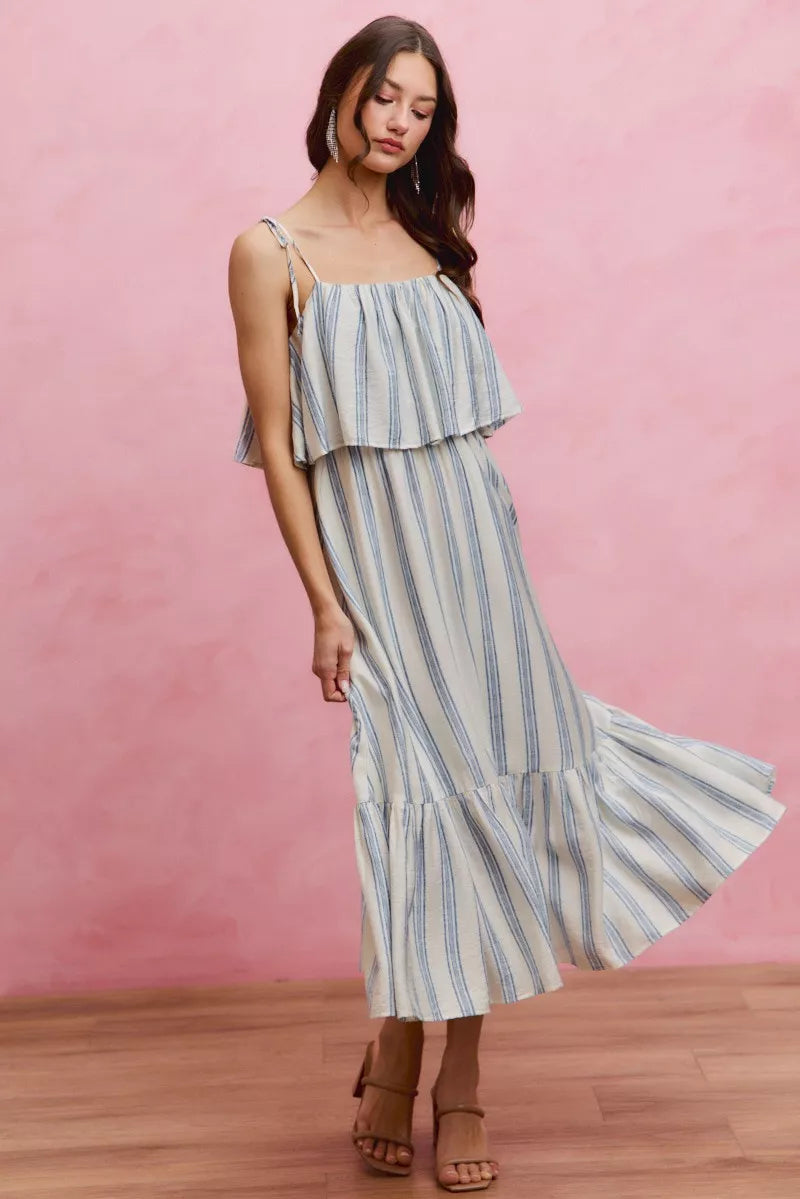 White and blue stripe SO ME tiered shoulder tie midi dress by Trendsi, featuring a lined design and stylish tiered silhouette.