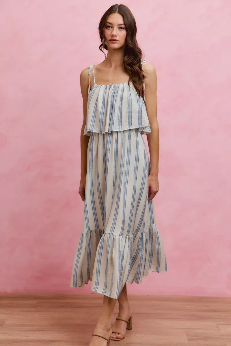 White and blue stripe SO ME tiered midi dress with shoulder ties, lined, trendy and stylish for casual or semi-formal occasions.