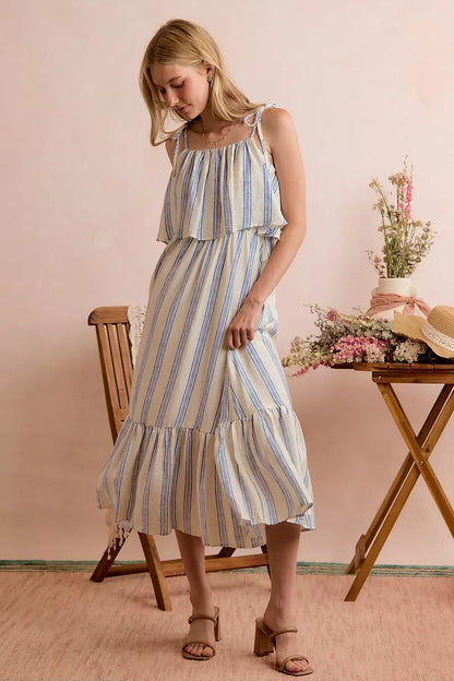White and blue stripe SO ME tiered midi dress with shoulder tie details, lined, by Trendsi.
