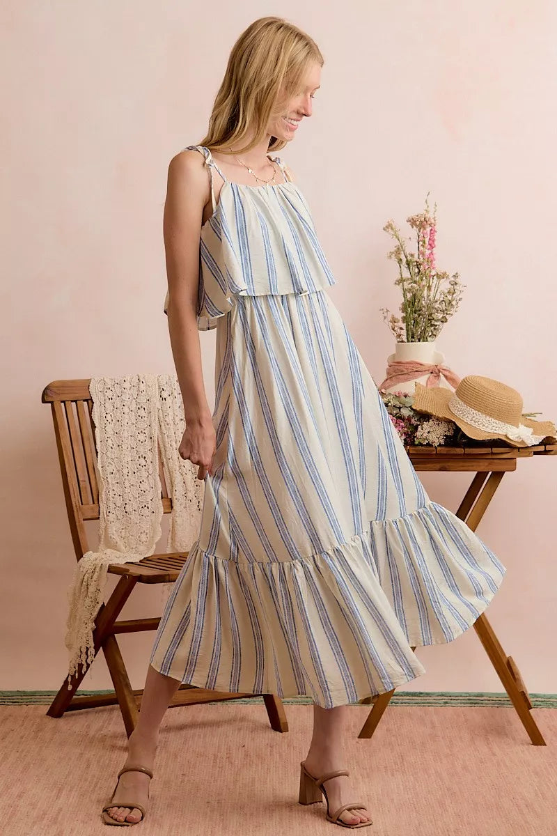 White and blue stripe SO ME tiered shoulder tie midi dress with lining, featuring a stylish and feminine design.