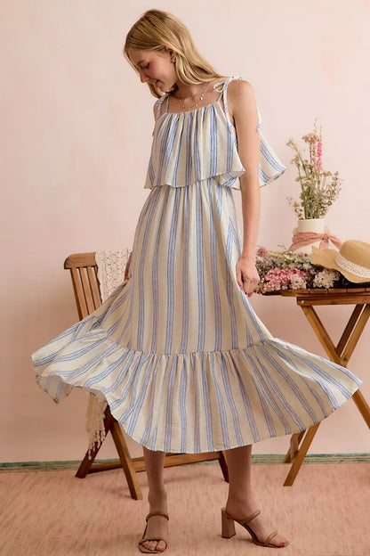 White and blue stripe tiered midi dress with shoulder tie details, lined and stylish, by SO ME for trendy fashion looks.