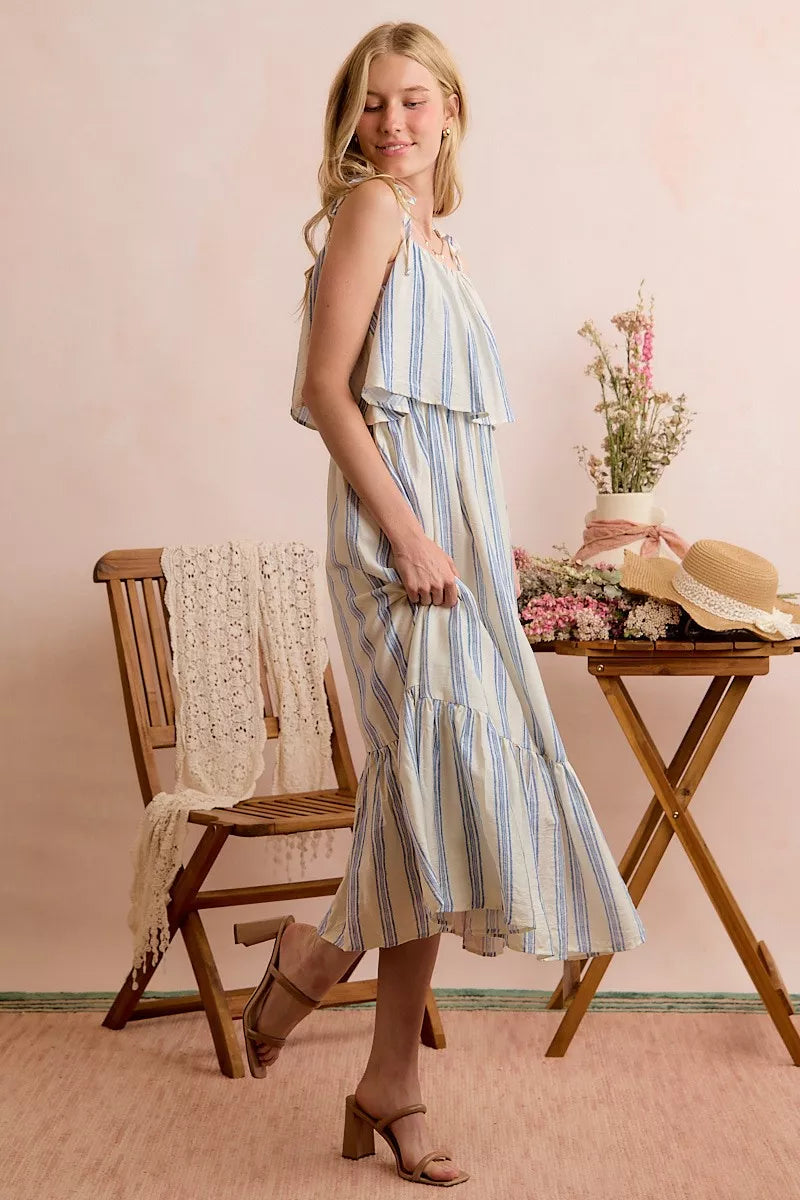 White and blue stripe SO ME tiered midi dress by Trendsi with shoulder ties and lining, perfect for casual or summer wear.