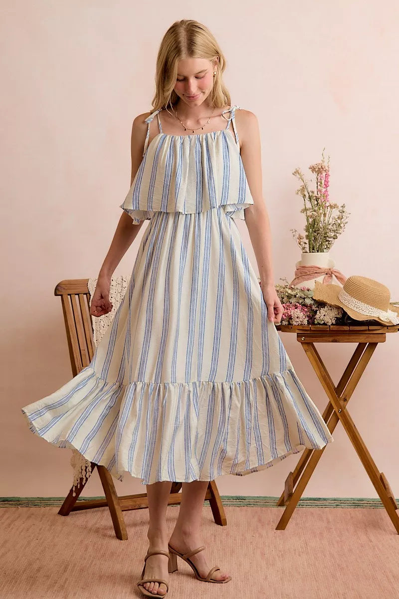 White and blue striped SO ME tiered midi dress with shoulder tie detail, lined, by Trendsi.