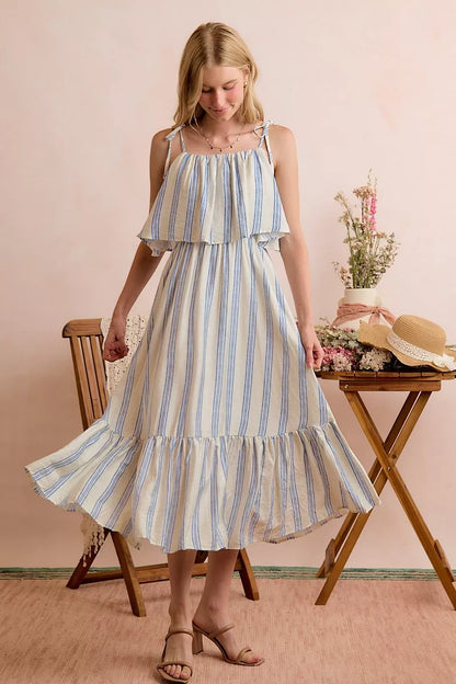 White and blue striped SO ME tiered midi dress with shoulder tie detail, lined, by Trendsi.