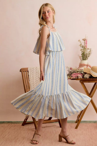White and blue stripe SO ME tiered midi dress with shoulder ties and lining, stylish dress by Trendsi.