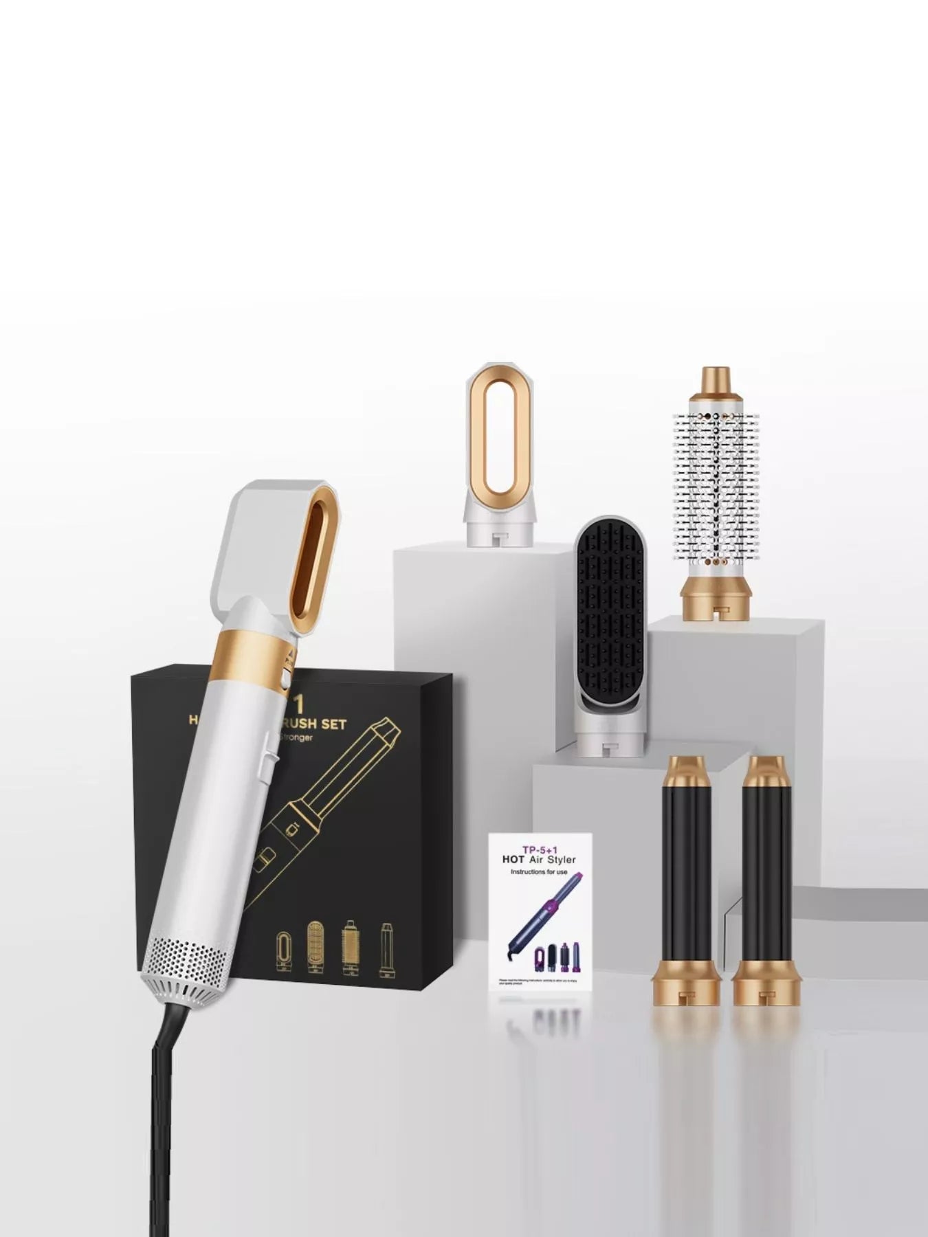 Trendsi 5-in-1 Interchangeable Hot Air Brush with European plug, showing various brush attachments for styling hair.