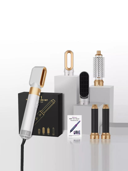 Trendsi 5-in-1 Interchangeable Hot Air Brush with European plug, showing various brush attachments for styling hair.